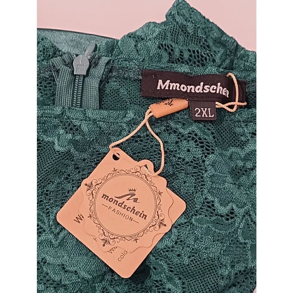💚 Elegant Romantic Lace Satin Fitted Ruched Ruffles Retro Pencil Dress XXL NWT